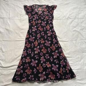 Alfani silk purple pink black floral midi dress babydoll styling flutter sleeves